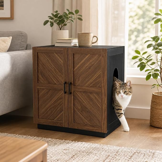 unipaws Cat Litter Box Enclosure for Self-Cleaning & Automatic Litter Boxes | Extra Large Cabinet with Charging Station, Wooden Dog Proof Hidden Cat House for Top Entry Litter Box - Image 8