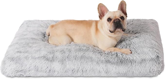 Bedfolks Plush Dog Crate Bed, Washable Cover, Faux Fur Dog Kennel Pad - 35"x23", Grey by Bedfolks