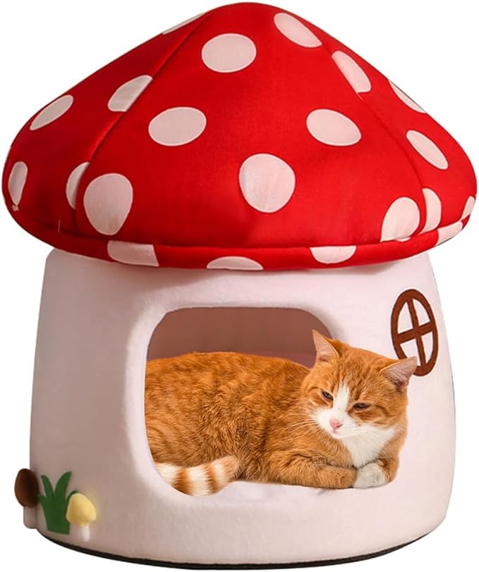 Mushroom Cow Cat Bed House for Indoor Cats & Small Dogs - Soft Cave-Style Pet Nest with Removable Washable Cushion, Plush Semi-Enclosed Cat Cave Tent, Red & White, Cozy Non-Slip Calming Bed by Chzisuyy