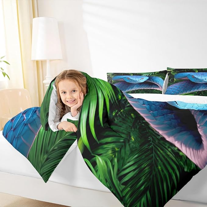 Erosebridal Snake Comforter Set Queen, Blue Snake Duvet Set, 3D Reptile Bedding Comforters, Blue Scales Quilt Set, Palm Leaf Wild Animal Stylish Quilted Duvet for Kids Boys Teens Man Bedroom Decor - Image 6