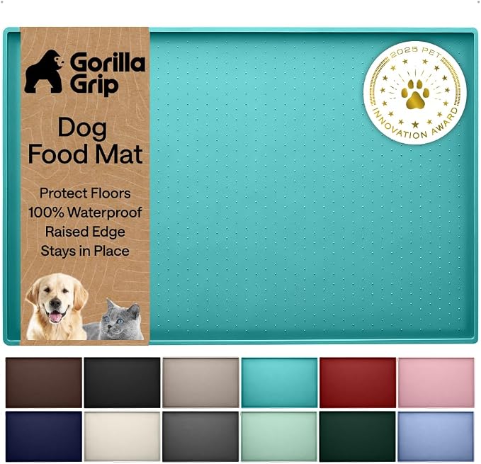 GORILLA GRIP 100% Waterproof Raised Edge BPA Free Silicone Pet Feeding Mat, Dog Cat Food Mats Contain Spills Protects Floors, Placemats for Cats and Dogs Water Bowl, Pets Accessories 23x15 Turquoise by Unknown