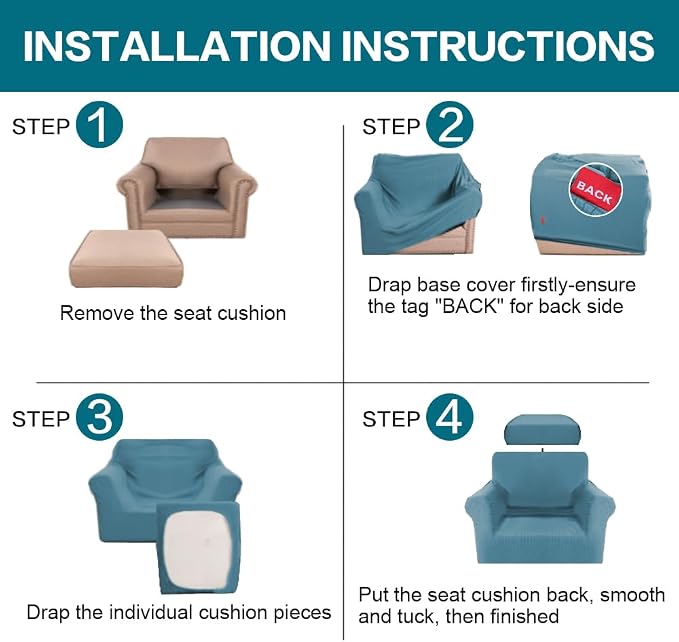 Turquoize 2 Piece Chair Covers Armchair Slipcovers for Living Room Armchair Sofa Cover with Individual Cushion Covers Feature Jacquard Fabric (Chair, Storm Blue) - Image 6