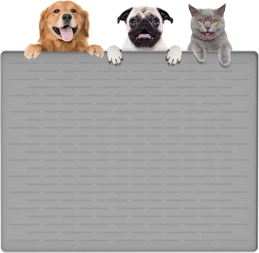 Largest Dog Food Mat, 39.5"x29.5" Silicone Dog and Cat Mat for Food and Water Bowls, Thinken Waterproof Non-Slip XXXL Pet Feeding Mat for Floors (Grayish White) by Goldleaf
