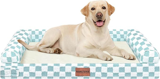 NANUYA Orthopedic Dog Bed for Large Dogs, 38 x 25 Inch, Green Grid | Egg crate foam for joint support, 3-sided bolster pet sofa, waterproof lining, washable cover, and non-skid base by Nanuya