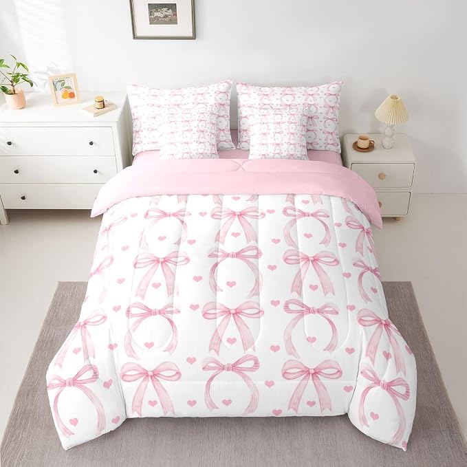 Erosebridal Ribbon Bowknot 7 Piece Comforter Set King Bed in A Bag Girls Love Heart Pink Bows Bedding Set for Women Room Decor Coquette Bow Sheets Valentine Stripe Pink Bows Bowtie Bed Comforter Sets - Image 5