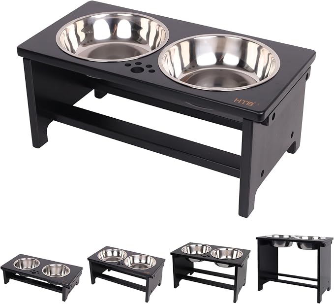 HTB Elevated Dog Bowl Stand with 2 Stainless Steel Bowls-7" H Medium Black | Raised Dog Bowl Stand, 7"tall, 29 Oz Bowls, for Medium Sized Dogs, Pet-safe, Solid Bamboo by HTB