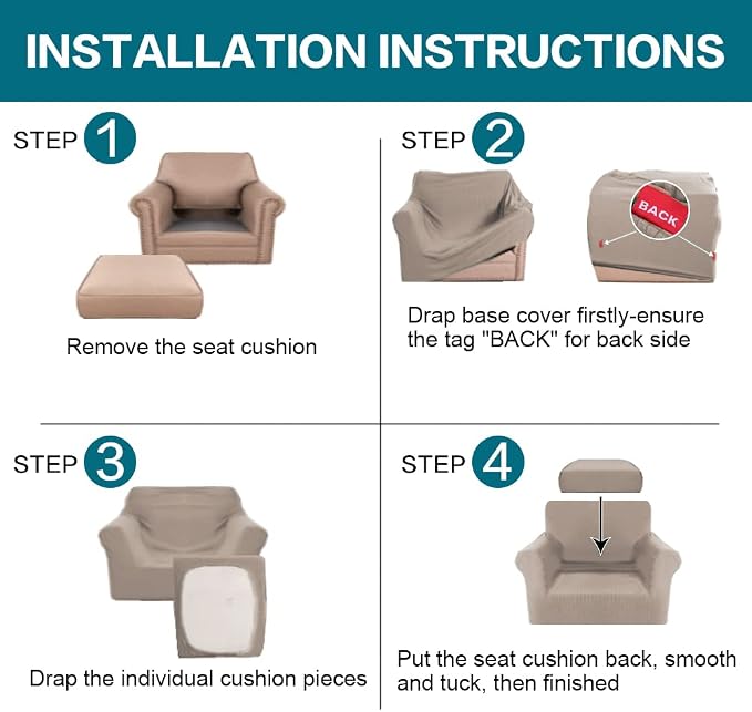 Turquoize 2 Piece Chair Covers Chair Slipcovers for Living Room Armchair Couch Cover Chair Sofa Cover with Individual Cushion Covers Furniture Cover for Chairs Feature Jacquard Fabric (Chair, Sand) - Image 6