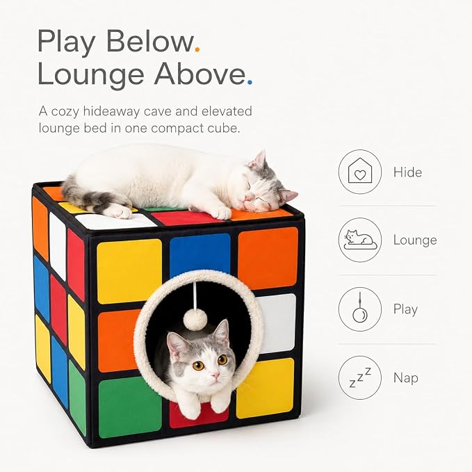 Cat Condo House with Reversible Cushions and Fluffy Ball Hanging, Foldable Magic Cube, Large Cave Bed for Indoor Cats, Unique Puzzle Shape 15.7“ x 15.7" x 13.4” - Image 2