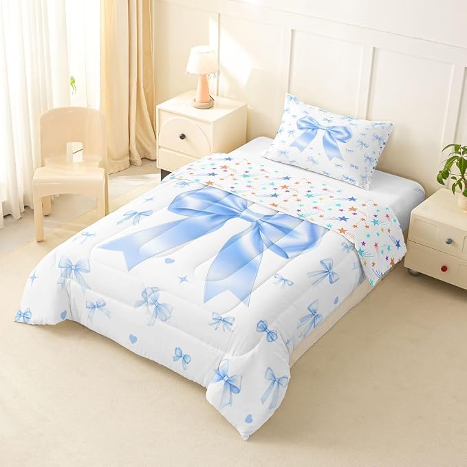 Manfei Blue Bow Kids Comforter Set,Cute Ribbon Bowknot Bedding Set All Season,Kawaii Princess Style Comforter 2 Pcs with 1 Pillowcase,Toddler Size - Image 4
