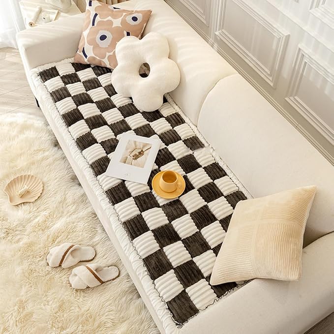 Fluffy Couch Cover for Pets - Large Cream-Coloured Fuzzy Plaid Square Pet Mat Bed Couch Cover Protector - Gray, 23.6 * 23.6in - Image 3