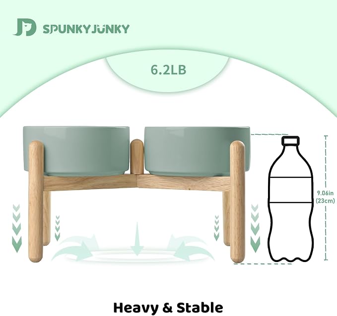 SPUNKYJUNKY Ceramics Elevated Dog Bowls with Wooden Stand Raised Bowl for Medium Large Dog Food and Water Pet Feeding Bowl(Double 60OZ Bowls,Light Green) - Image 5