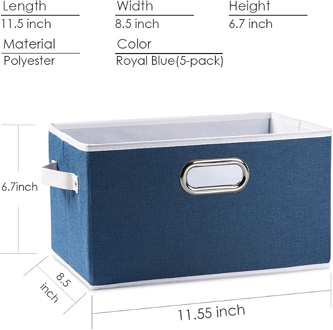 PRANDOM Fodable Storage Baskets for Closet [5-pack] Decorative Fabric Storage Bins Cubes with Leather/Metal Handles for Shelves Bedroom Living Room Royal Blue (11.5x8.5x6.7 Inch) - Image 5