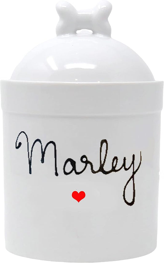 Airtight Pet Treat Container | Dog Cookie Jar Personalized with Name | Small Dog Treat Jar | Customized, Ceramic | With Bone Shaped Lid by BrusheswithaView