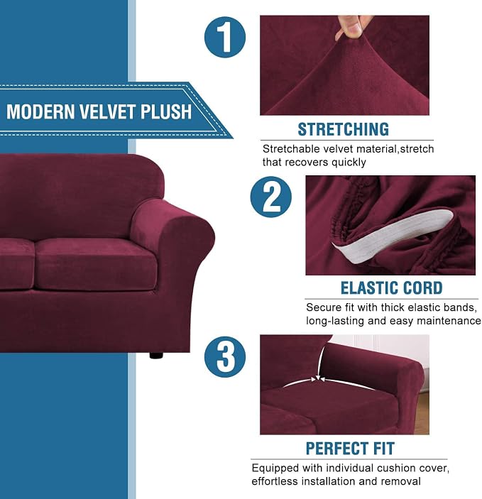 H.VERSAILTEX Rich Velvet Stretch 2 Piece Cover Chair Slipcover Sofa Cover Furniture Protector Couch Soft with Elastic Bottom Chair Couch Cover with Arms Width Up to 49 Inch(Chair, Burgundy) - Image 3