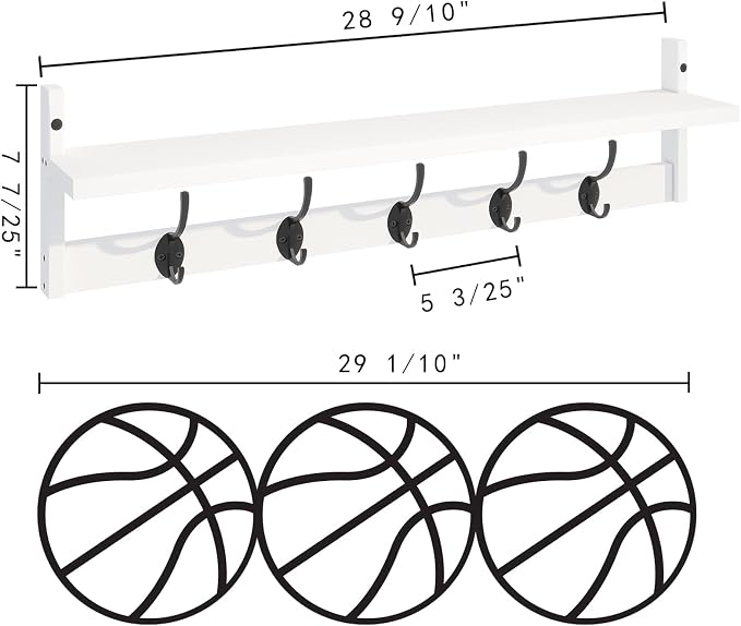 BAMEOS Wall-Mounted Wood Shelf with 5 Dual Hooks for Bathroom, Living Room, Bedroom (White-with Shelf) - Image 5