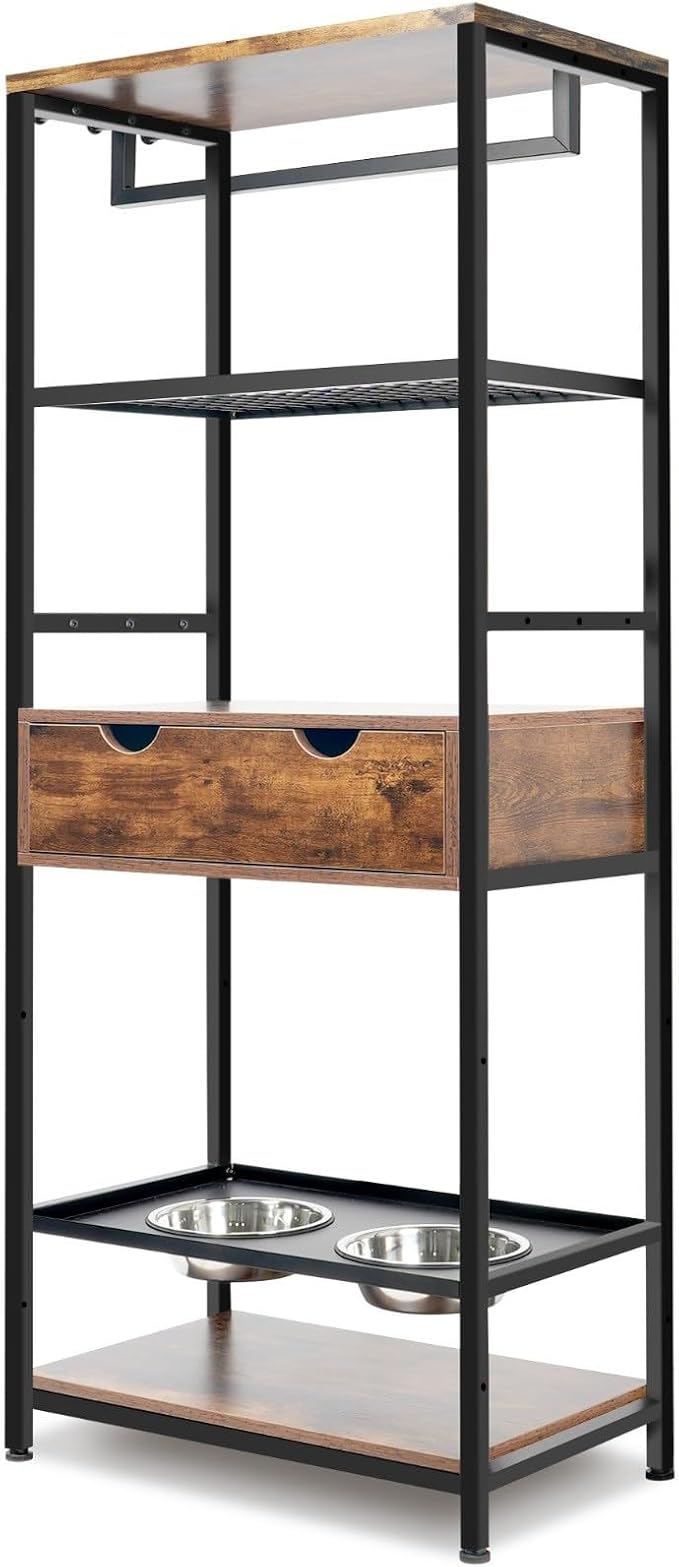 Industrial Style Storage Rack with Dog Feeding Station, Adjustable Raised Dog Bowls, and Shelves by FRITHJILL
