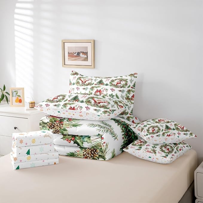 Erosebridal Merry Christmas Queen Comforter Set with Sheets 7 Piece Red Green Xmas Cardinal Bed in A Bag Xmas Snowman Santa Claus Bedding Sets for Men Christmas Red Berry Branches Wreath Bed Set - Image 6