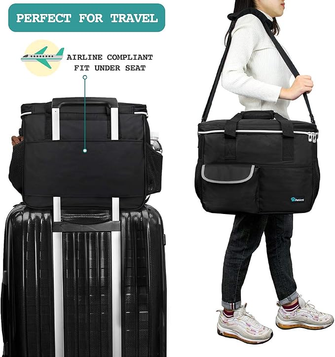 PetAmi Dog Travel Bag Organizer, Pet Travel Kit with 2 Food Containers & 2 Collapsible Dog Bowls, Pet Supplies Tote with Luggage Sleeve, Weekend Road Trip Camping Essentials, Black, Medium - Image 5