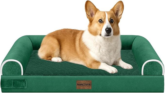NANUYA Orthopedic Dog Bed for Medium Dogs, 30 x 20 Inch, Emerald | Egg crate foam for joint support, 3-sided bolster pet sofa, waterproof lining, washable cover, and non-skid base by Nanuya