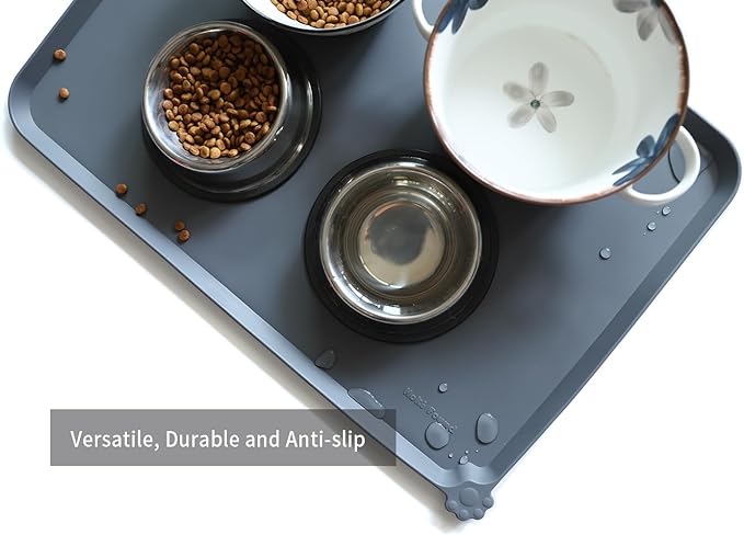 Hoki Found Large Silicone Pet Feeding Tray - Waterproof Dog Pet Cat Feeding Mat - Non Slip Pet Dog Cat Food Bowl Mats Placemat -Pet Water Mats for Carpet -Gray - Image 4