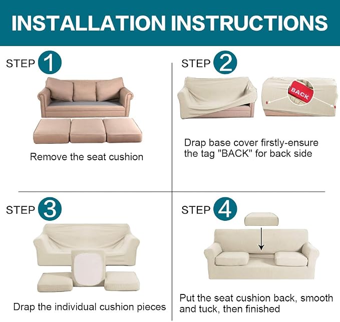 Turquoize 4 Piece Sofa Covers For 3 Cushion Couch Sofa Slipcover Soft Couch Cover For Dogs-Washable Sofa Furniture Covers With 3 Individual Large Cushion Covers Feature Fabric (XL Sofa,Biscotti Beige) - Image 7