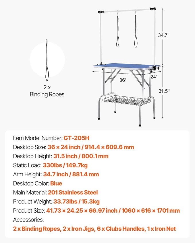 VEVOR Pet Grooming Table, 36 x 24 Inch with 2 Height Adjustable Arms, 330LBS Static Weight Capacity, Foldable Dog Groom Station with No-Sit Haunch Holder with Grooming Loop, for Medium and Small Dogs - Image 7