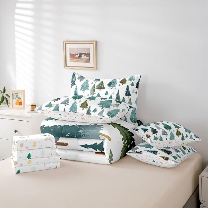 Erosebridal Christmas Tree King Comforter Set with Sheets 7 Piece Green Xmas Pine Tree Bed in A Bag Forest Snowy Nature Scene Bedding Sets for Teens Winter Holiday Christmas Bed Set Happy New Year - Image 6