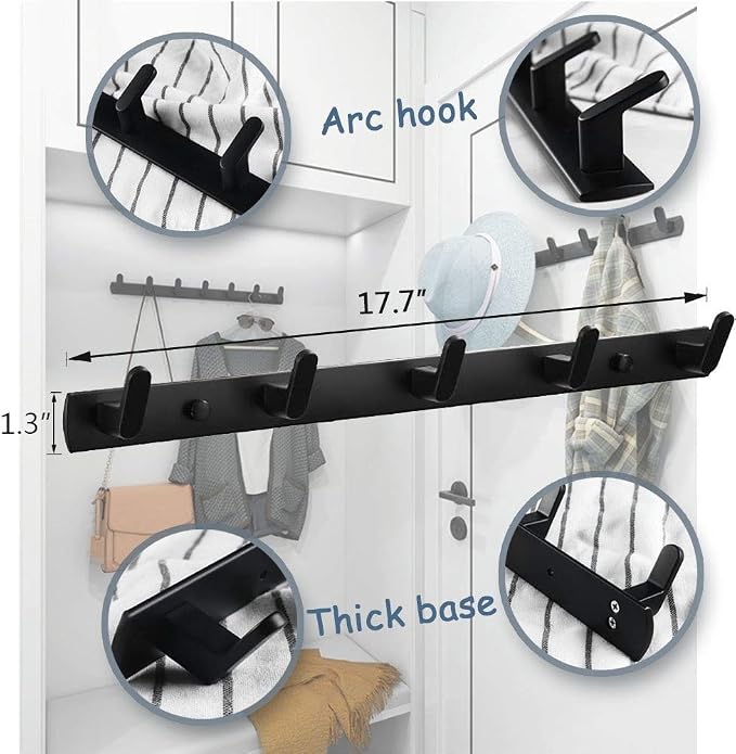 Wall Mounted Coat Rack, 5 Hooks, 17.7"x1.3", Modern, Black, 2 Pcs | Space Aluminum, Rustproof, for Hallway, Entryway, Hanging Holder for Clothes, Towel, Backpack, 40 lbs Capacity, Easy Install - Image 2