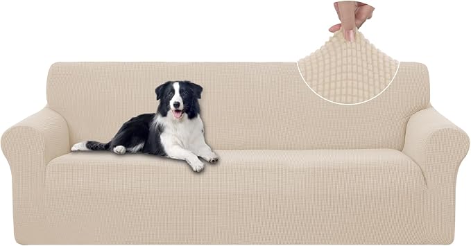 U-NICE HOME Stretch Couch Cover Slipcover for 3 Cushion Sofa, Beige | Furniture protector, 1-Piece Sofa cover, Washable, Pet friendly, Polyester Spandex Jacquard fabric by U-NICEHOME
