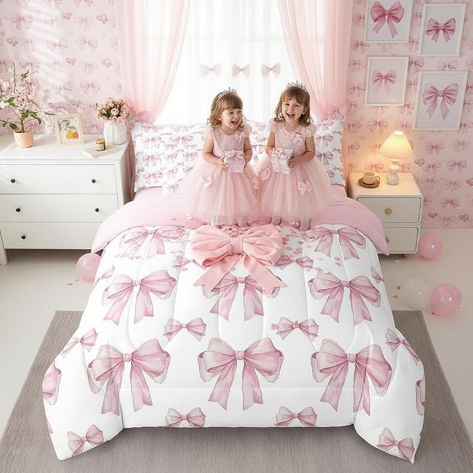 Erosebridal 7 Piece Pink Bowknot Kids Comforter Set King Bed in a Bag,Dreamy Princess Style Kids Girls Bedding Set for Women,Girly Bow Tie Bed Set,Romantic Valentine's Day Sheet Set Reversible Quilt - Image 3