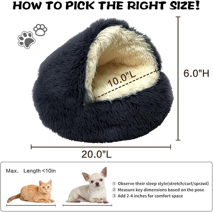 ShinHye Cat Bed Round Plush Fluffy Hooded Cat Bed Cave, Cozy for Indoor Cats or Small Dog beds, Soothing Pet Beds Doughnut Calm Anti-nxiety Dog Bed - Waterproof Bottom Washable (20×20inch, Dark Grey) - Image 2