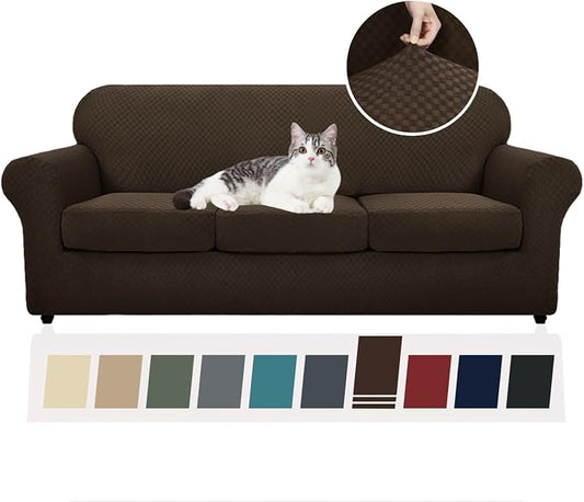 YEMYHOM Latest Checkered 4 Pieces Couch Covers for 3 Cushion Couch High Stretch Thickened Sofa Cover for Dogs Pets Elastic Slipcovers Living Room Furniture Protector (Dark Coffee), 71"-91"(3 CUSHIONS) by YEMYHOM