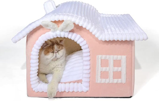 Jiupety Rabbit Cat House for Indoor Cats, Cute Covered Cat Bed with Spacious Interior, Pet Cave Bed Up to 3-15 Lbs Kitten, Pink by JIUPETY