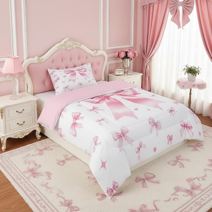 Manfei Pink Bow Twin Size Comforter Set for All Seasons,Cute Bowknot Princess Bedding Set Teens Bedroom Decor,Aesthetic Ribbon Bow Tie Comforter Inner Fill with 1 Pillowcase - Image 2