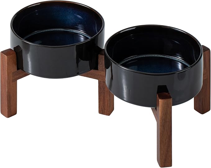 Havniva Elevated Dog Bowls, Ceramic Raised Dog Bowl with Stand | 6.1” Dog Food Bowls Elevated, Dog Food and Water Bowl Set, Non-Slip Acacia Wood Stand, Small Dogs Bowl, 3.4 Cups 27 oz by Havniva