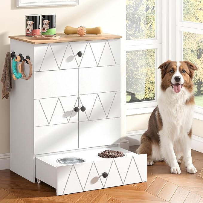Pet Feeding Station with Storage, Raised Dog Bowls, Pet Feeder Cabinet, with Adjustable Shelves, Rolling Drawer, Hooks, for Feeding & Watering Supplies (Light) by ADVWIN