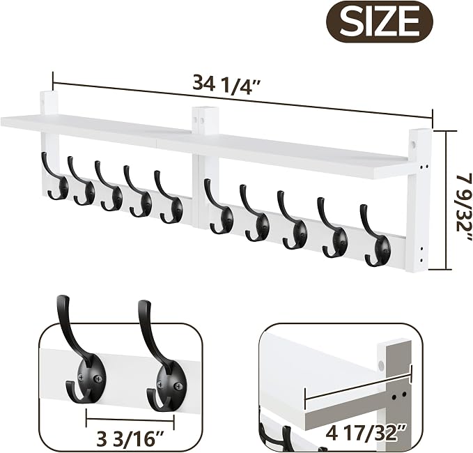 AMBIRD 34.2" L Wooden Wall Coat Hooks with Shelf - Versatile and Decorative Wall-Mounted Storage - 10 Hooks for Hanging Coats, Hats, Keys, Bags, Scarves - Ideal for Entryways, Bedrooms, Closets(White) - Image 6