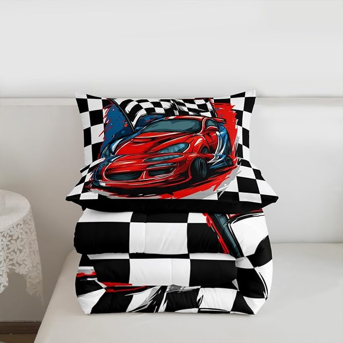 Erosebridal Racing Car Comforter Set, Dirt Bike Down Comforter,Cartoon Race Car Competition Extreme Sports Game Duvet Set for Kids Boys Teens Men, Red Automobile Quilted Duvet Decor 3 Pcs Queen Size - Image 7