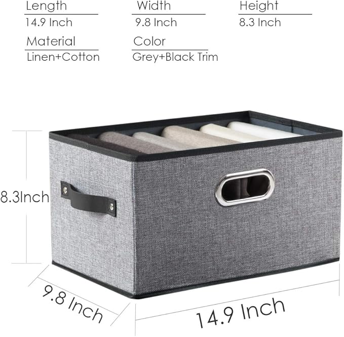 PRANDOM Large Foldable Storage Bins for Shelves [3-pack] Decorative Linen Fabric Storage Baskets Cubes with Leather/Metal Handles for Closet Nursery Office Grey and Black Trim (14.9x9.8x8.3 Inch) - Image 7