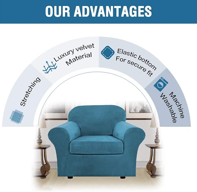 H.VERSAILTEX Rich Velvet Stretch 2 Piece Chair Cover Chair Slipcover Sofa Cover Furniture Protector Couch Soft with Elastic Bottom Chair Couch Cover with Arms Width Up to 49 Inch(Chair,Peacock Blue) - Image 8