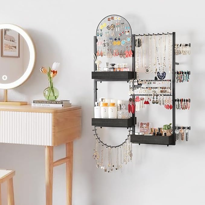 Keebofly Wall Mount Hanging Jewelry Organizer - Large Display Holder for Earrings, Rings, Necklaces, Bracelets, Watches and Perfume - Black - Image 7