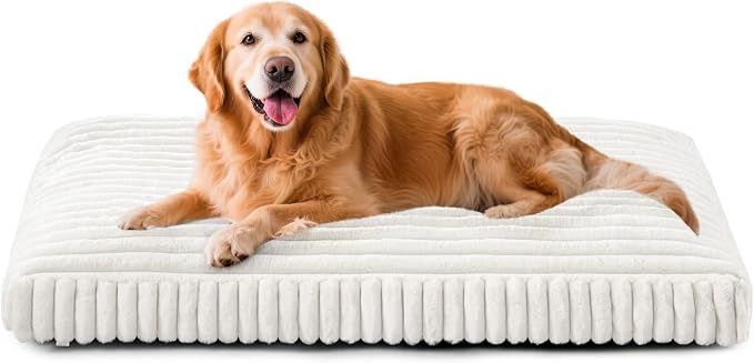 Dog Bed for Large Dogs, Orthopedic Dog Beds Washable with Removable Cover, Extra Thick Crate Bed Pet Mat with Shredded Chopped Foam & Anti-Slip Bottom, 35"x23"x4", Cream by FURTIME