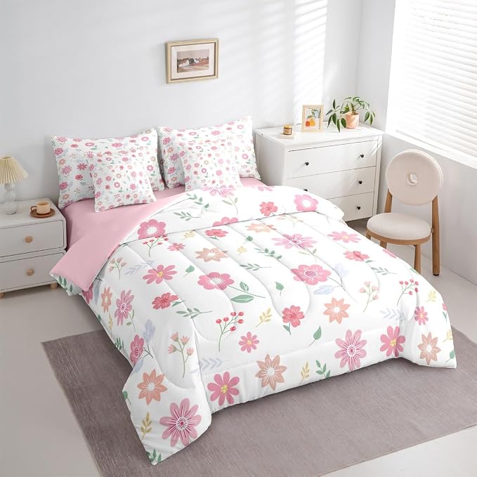 Feelyou Cute Flower 7 Piece Bedding Set Fresh Flower Floral Comforter Set with Sheets for Kids Boys Girls Nature Plants Bed in a Bag Pink Green Bed Set Soft Lightweight - Image 3