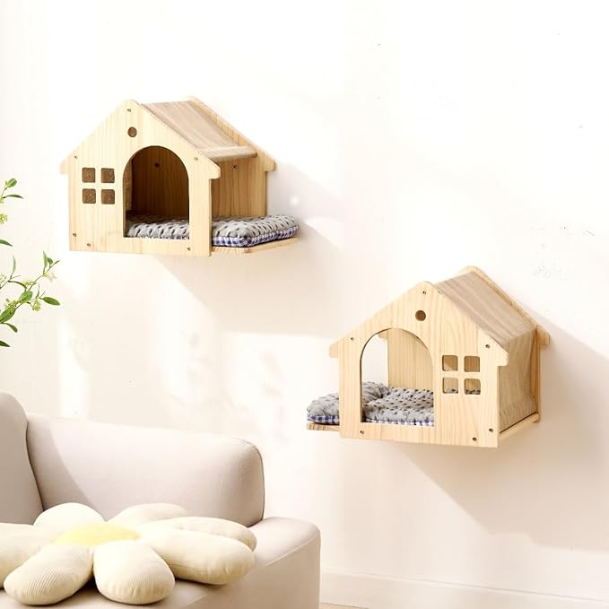 SHENGOCASE Natural Wood Cat Wall Shelves Bed, 2-Pack, Wall-Mounted Box Condo House Perch, Cat Condo Furniture with Washable Pillow Cushions by SHENGOCASE