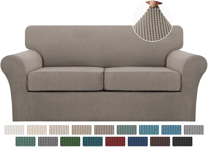 Turquoize 3 Piece Sofa Covers for 2 Cushion Couch Sofa Slipcover Soft Couch Cover for Dogs-Washable Sofa Furniture Covers with 2 Individual Cushion Covers Jacquard Fabric (2 Cushion Sofa, Taupe) by Turquoize