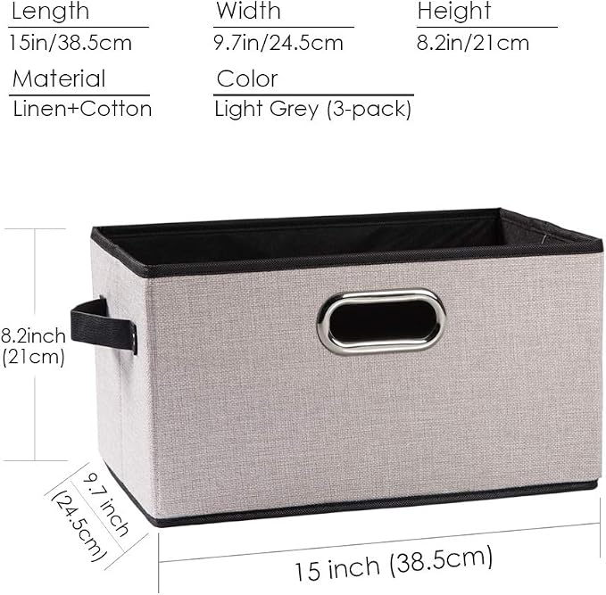 PRANDOM Large Fodable Storage Bins for Closet [3-pack] Decorative Linen Fabric Storage Bins Cubes with Leather/Metal Handles for Shelves Bedroom Living Room Light Grey (14.9x9.8x8.3 Inch) - Image 6