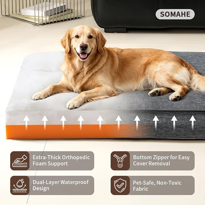 SOMAHE Waterproof Orthopedic Dog Bed, Washable, Large 35x28x4 Black | Indoor/Outdoor Ready: washable Oxford cover, TPU liner, 45D foam support for large dogs, crates, SUV, patio, porch. - Image 5