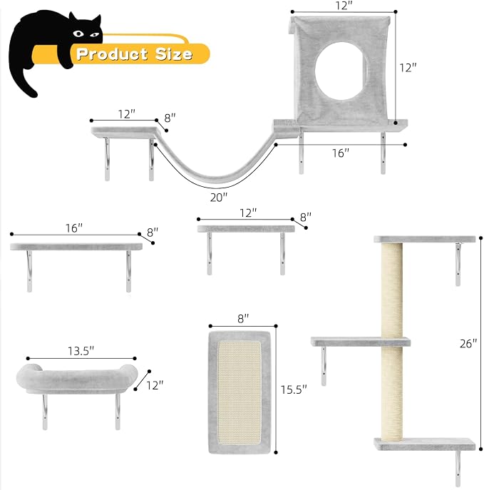 NUNU LAB Cat Wall Shelves, 6 Pcs Luxury Wall-Mounted Cat Climber Set, Indoor Cat Furniture with 1 Condos House, 2 Cat Wall Shelves, 1 Scratching, 1 Bridge Ladder, 1 Scratching Pad, Light Grey - Image 5