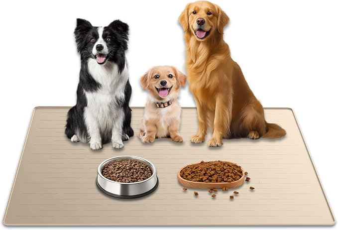 40"x30" XXL Silicone Dog Feeding Mat, 1.5MM Extra Thick Dog Bowl Mat for Food and Water, Large Non-Slip Placemat with High Edges for Dogs Bowls, Easy to Clean, Beige by WelcometoULTIBE