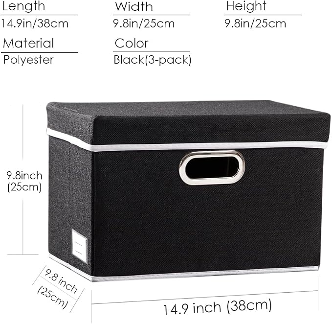 PRANDOM Foldable Storage Box with Lid [3-Pack] Fabric Collapsible Storage Bin Organizer Container Basket Cube with Cover for Home Bedroom Closet Office Nursery Black (14.9x9.8x9.8) - Image 6